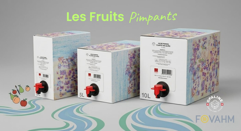 cubis de jus de fruits en carton, décoré avec des dessins artistiques.
